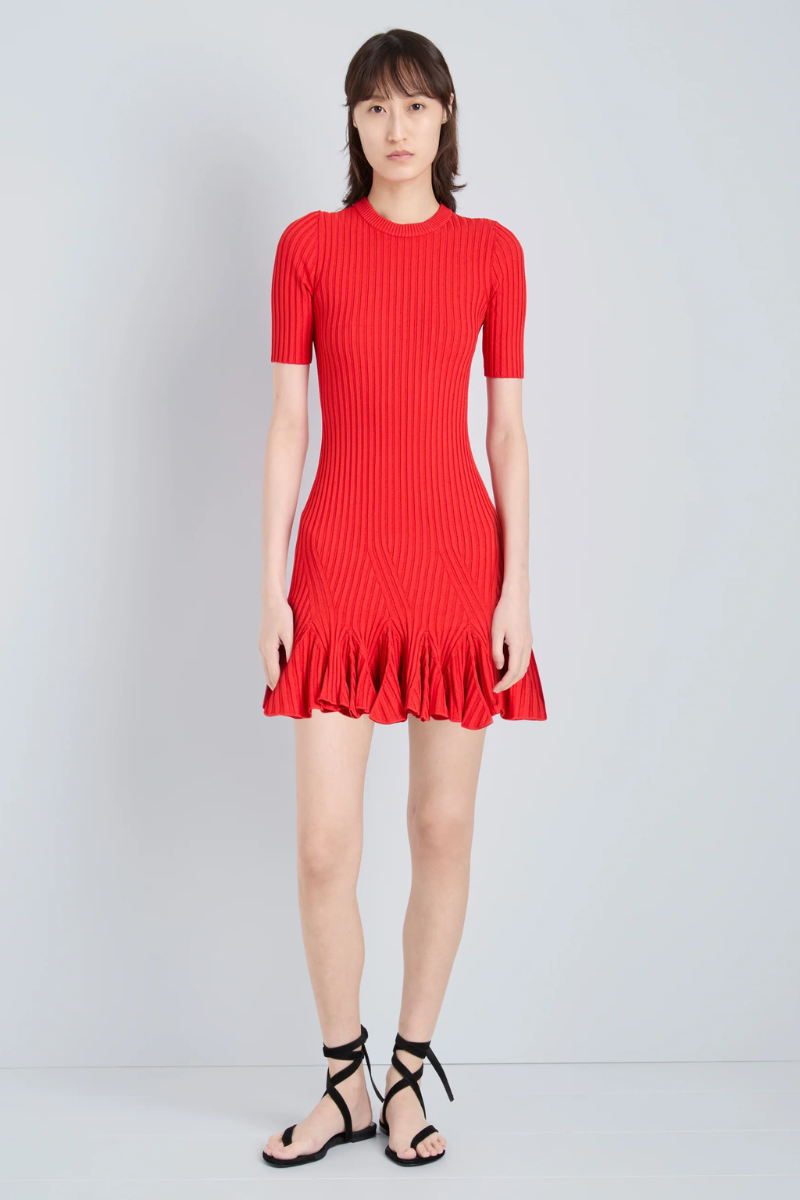 Proenza Schouler Leandra Rib Short-Sleeve Mini Dress, Red, Women's, S Cocktail & Party Wedding Guest Dresses Short-Sleeve Dresses