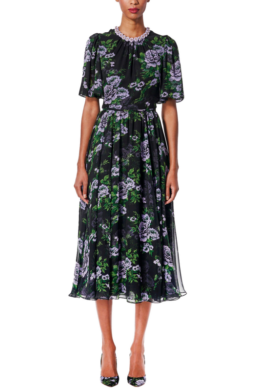 Floral-Print Gathered Midi Dress-Carolina Herrera-Boyds Philadelphia