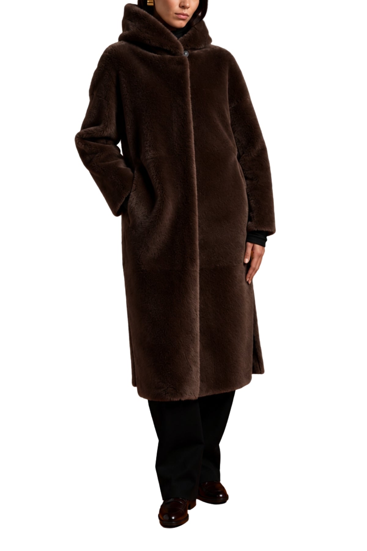Shearling Long Hooded Zipper Coat-Suprema-Boyds Philadelphia