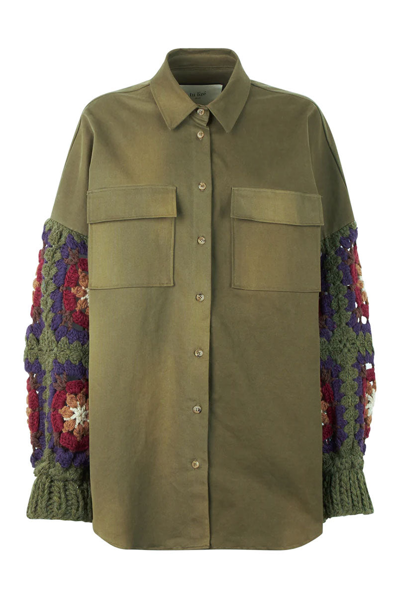 Canvas Overshirt With Crochet Sleeves-tu lizé-Boyds Philadelphia