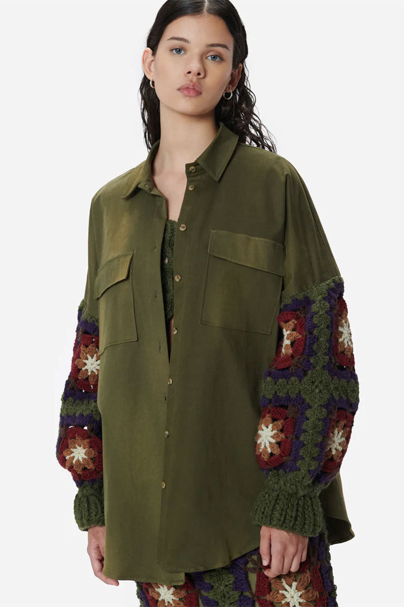 Canvas Overshirt With Crochet Sleeves-tu lizé-Boyds Philadelphia