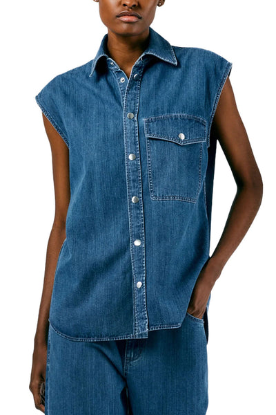 Stone Washed Denim Sleeveless Easy Shirt-Tibi-Boyds Philadelphia