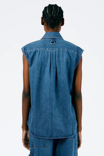 Stone Washed Denim Sleeveless Easy Shirt-Tibi-Boyds Philadelphia