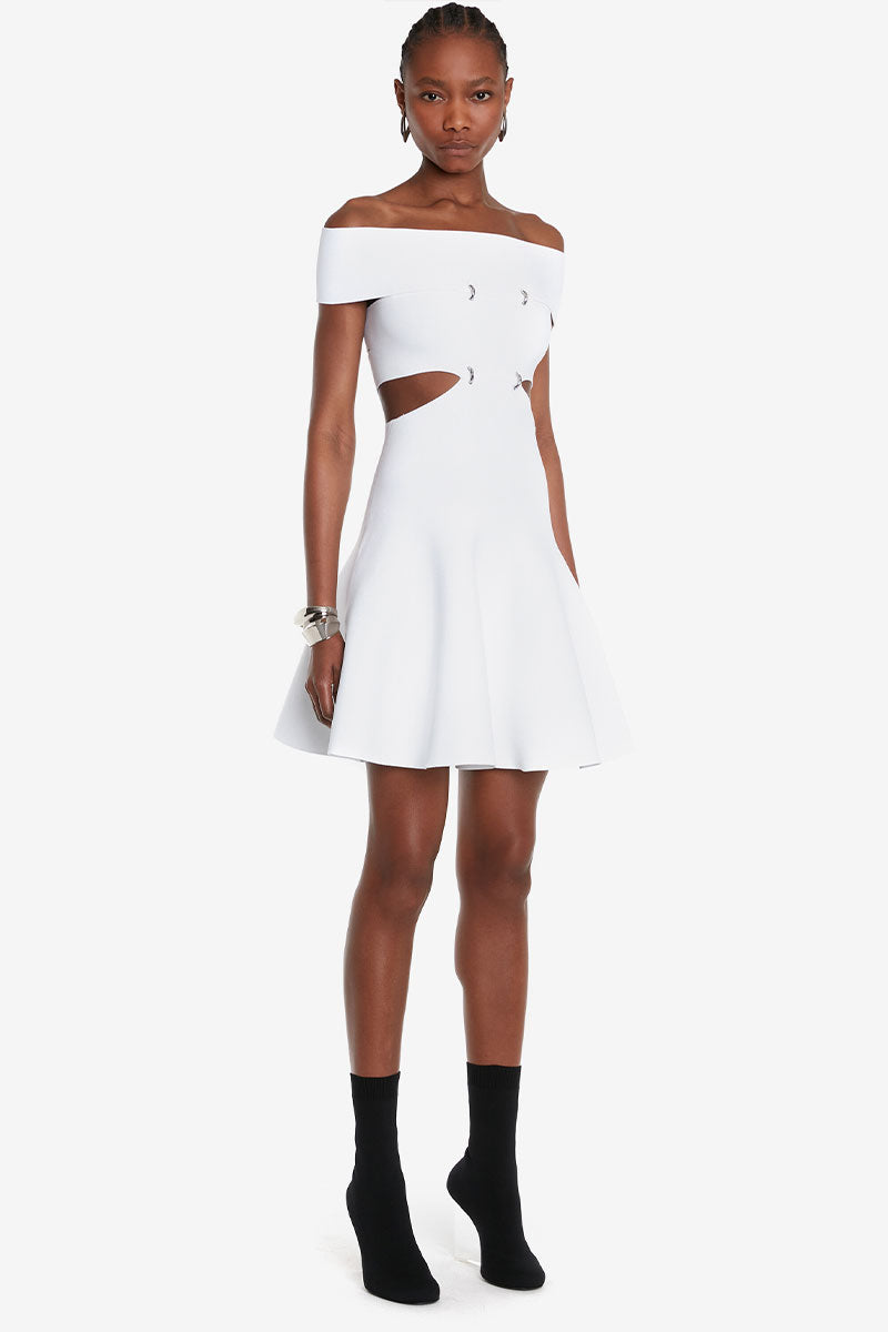 Alexander McQueen Slashed Metal Ring Off the Shoulder Dress in 9026 Optic White at Nordstrom, Size Medium Alexander McQueen Slashed Metal Ring Off the Shoulder Dress in 9026 Optic White at Nordstrom, Size Medium